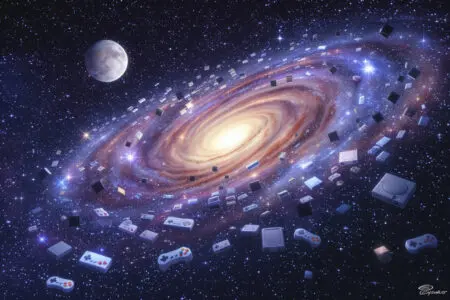 a galaxy made of countless gaming consoles from all of history illustrating a complete list of how many gaming consoles there are