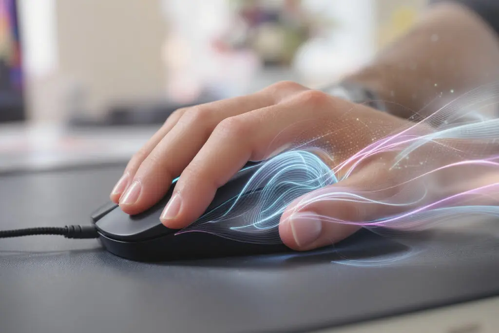 a gamers hand making fluid movements with a high-end mouse symbolizing a 165hz smooth competitive edge