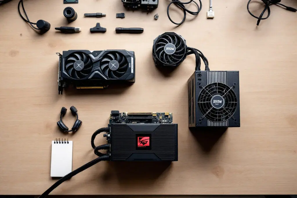 a high-end graphics card and cpu laid out next to a powerful 850w psu symbolizing the need to match power supply wattage to the pcs components