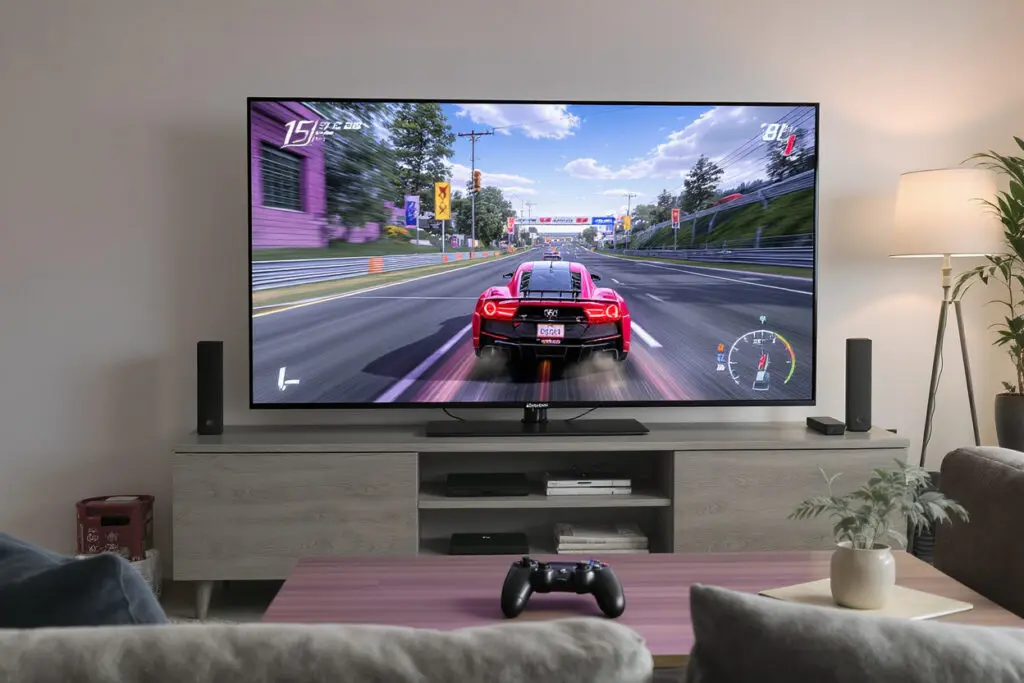 a living room with a console and tv showing a smooth game illustrating the 120hz console gaming sweet spot