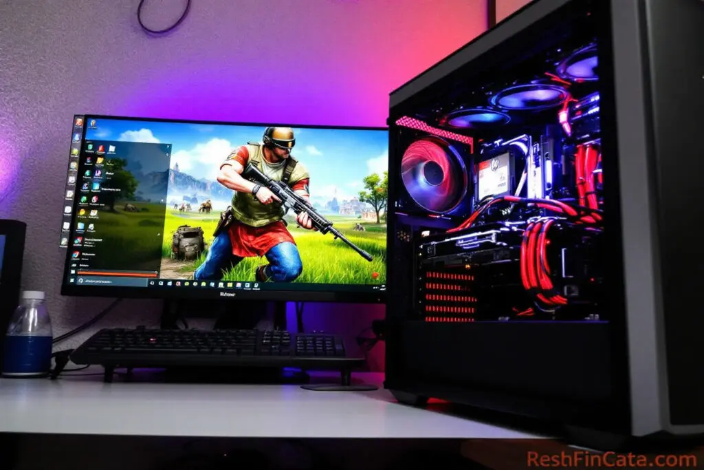 a mid-range gaming pc shown running a demanding game smoothly powered by a visible 650w psu illustrating its capability for gaming
