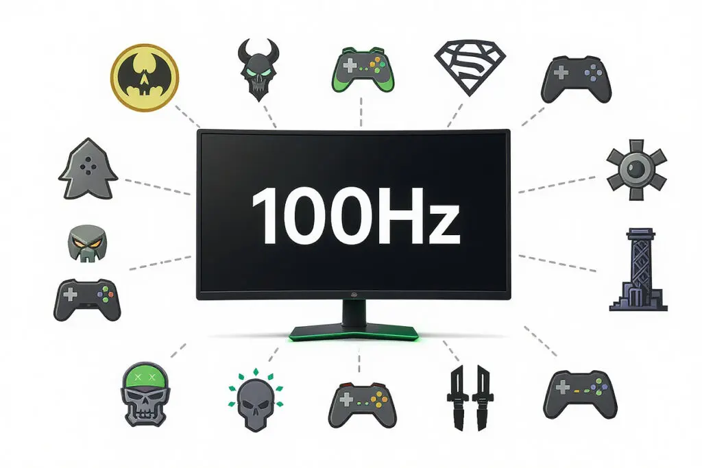 a monitor surrounded by game genre icons to break down the facts about 100hz for gaming