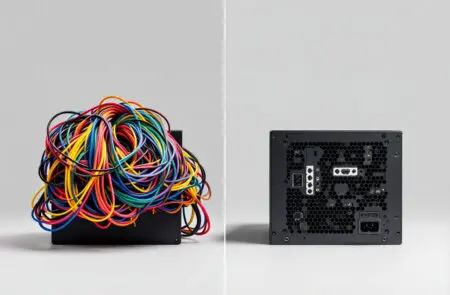 a non-modular psu next to a fully-modular psu clearly showing the difference in psu cable management