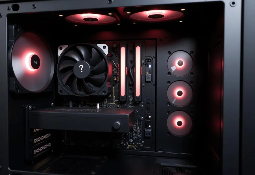 a pc case filled with glowing question mark fan cutouts asking how many case fans do i need for a gaming pc