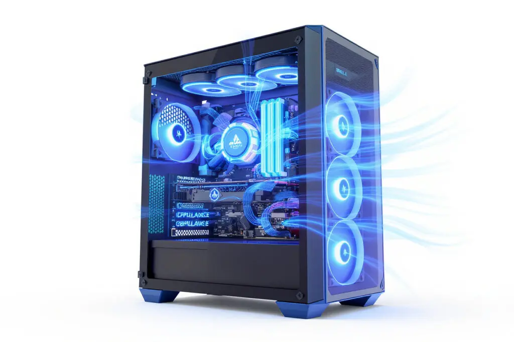a pc case with glowing blue components and unimpeded airflow representing what is the best pc case for airflow