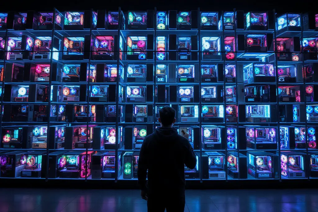 a person contemplating a wall of diverse pc cases illustrating how to choose a pc case for your gaming build