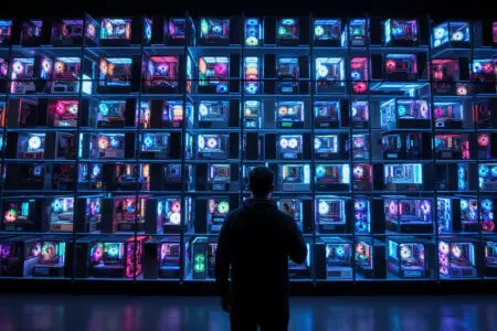a person contemplating a wall of diverse pc cases illustrating how to choose a pc case for your gaming build