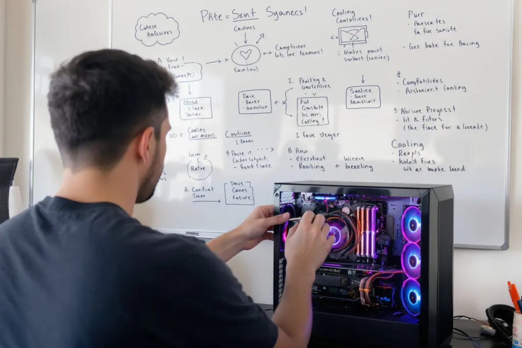 a person with a chosen pc case and design ideas on a whiteboard demonstrating how to choose a pc case for your gaming build