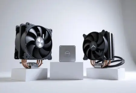 a photo showing the visual difference in air cooling vs liquid cooling aio for a cpu