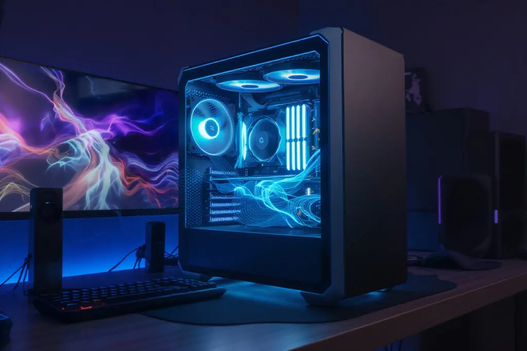 a sleek pc case with sound waves being absorbed representing what are the quietest pc cases for gaming