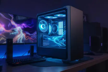 a sleek pc case with sound waves being absorbed representing what are the quietest pc cases for gaming