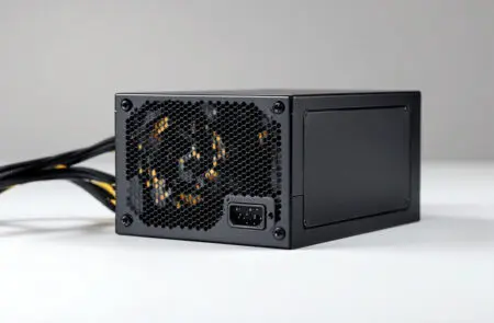 a studio photo of a black computer power supply unit or psu isolated on a white background