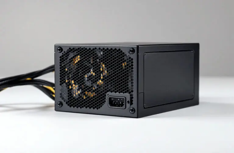 a studio photo of a black computer power supply unit or psu isolated on a white background
