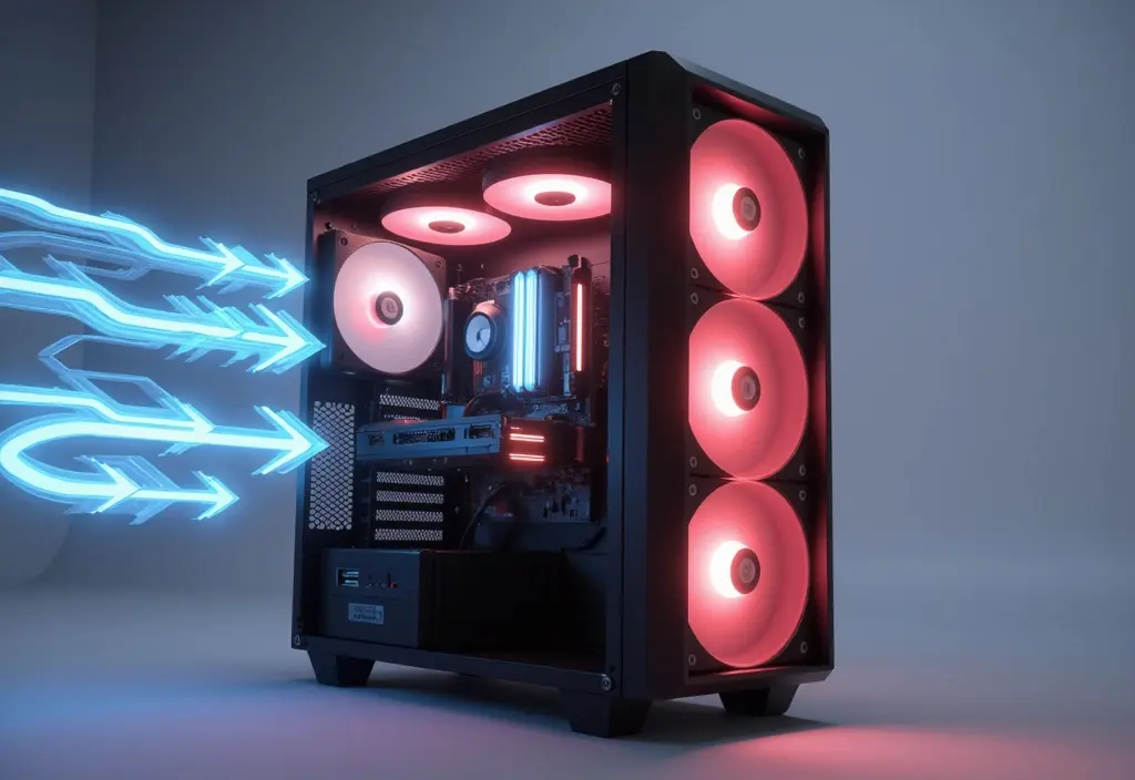 a visual of cool air entering and warm air exiting showing what is the best pc case fan setup for airflow