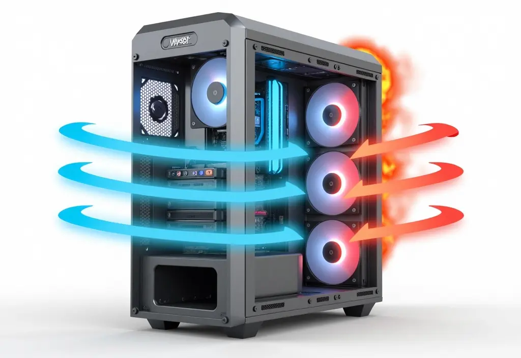 a visual of optimized upward airflow in a pc case showing what is the best pc case fan setup for airflow