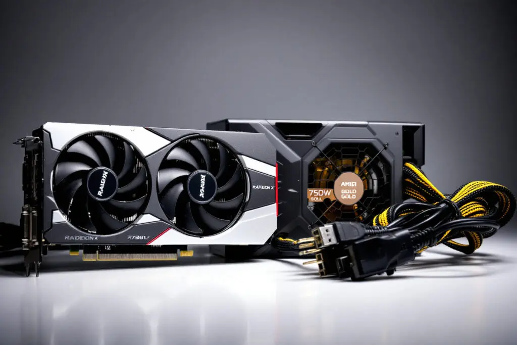 an amd radeon rx 7800 xt and a 750w psu with its cables showing the best power supply for an amd radeon rx 7800 xt