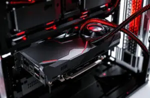 an amd radeon rx 7800 xt graphics card installed and powered by a 750w psu representing the best power supply for an amd radeon rx 7800 xt