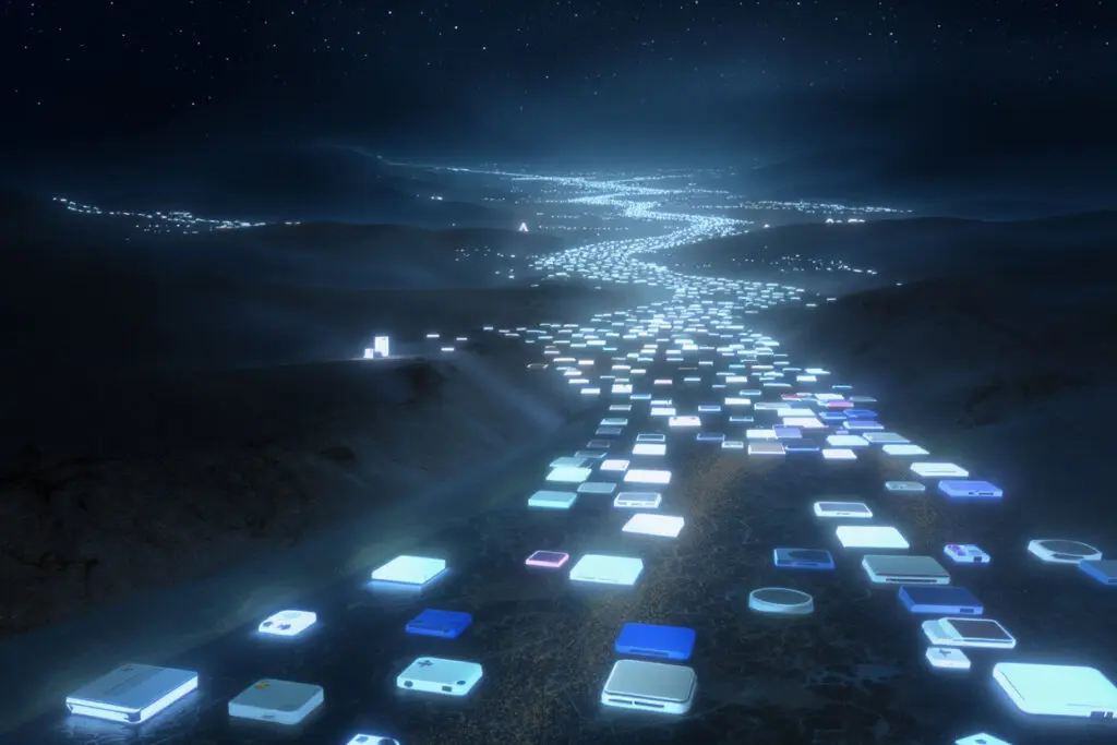 an endless river of glowing shapes representing gaming consoles illustrating a complete list of how many gaming consoles there are