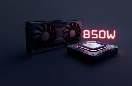 an image symbolizing the calculation of psu wattage needed for a gaming pc showing a gpu and cpu next to a wattage number