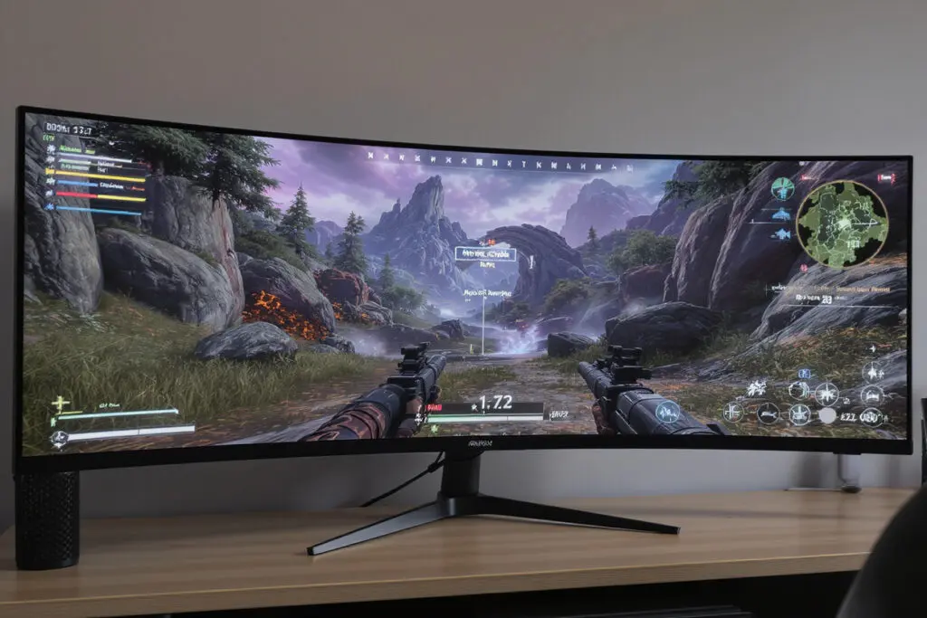 an ultrawide monitor displaying a wide game field of view to break down the facts about 100hz for gaming