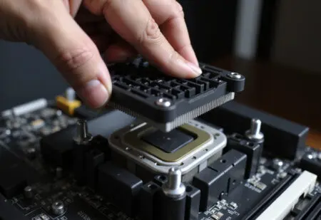 hands carefully placing a heatsink onto a cpu demonstrating how to install a cpu cooler
