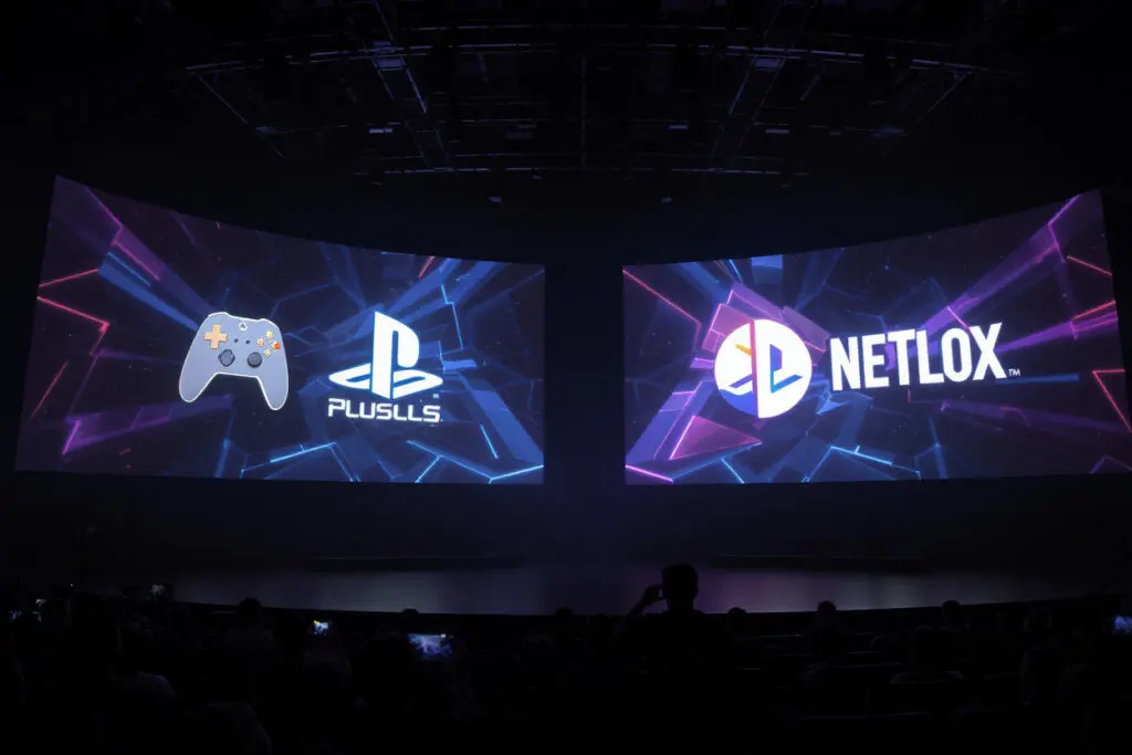 iconic console logos projected onto arena walls representing a head-to-head battle for the best gaming console iconic console logos projected onto arena walls representing a head-to-head battle for the best gaming console