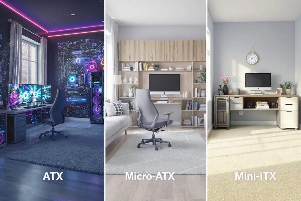 three different room setups each designed for a specific motherboard size illustrating atx vs micro-atx vs mini-itx