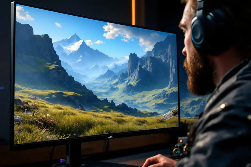 a gamer viewing a hyper-detailed fantasy world on a monitor demonstrating the clarity that comes with the best resolution for gaming