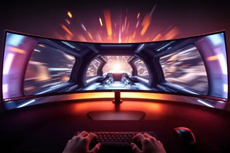 a gamers immersive point-of-view looking at a cockpit on an ultrawide screen answering the question is a curved monitor good for gaming