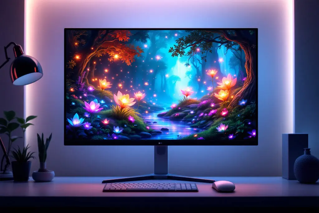 a monitor displaying a scene with incredibly vibrant and rich colours representing what is the best monitor panel type for gaming
