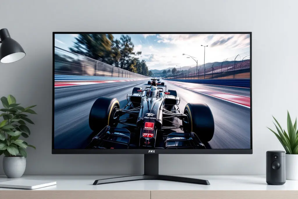 a monitor showing a fast-paced racing game with perfectly smooth motion visually explaining the tear-free benefit of what is g-sync