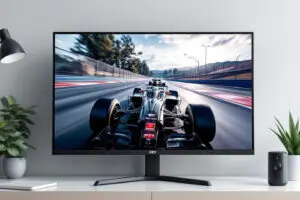 a monitor showing a fast-paced racing game with perfectly smooth motion visually explaining the tear-free benefit of what is g-sync