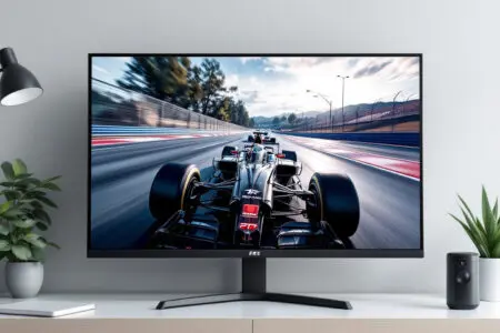 a monitor showing a fast-paced racing game with perfectly smooth motion visually explaining the tear-free benefit of what is g-sync