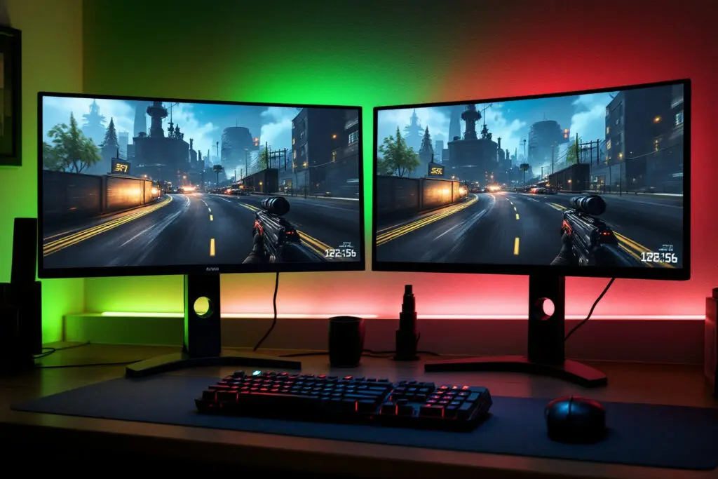 two monitors one with green backlighting and one with red showing identical smooth gameplay in a g-sync vs freesync comparison