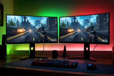 two monitors one with green backlighting and one with red showing identical smooth gameplay in a g-sync vs freesync comparison