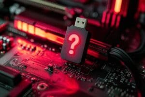 A USB flash drive is plugged into a computer motherboard with a large red question mark over it contrasting with sleek glowing RAM sticks in the background