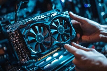 A close-up of a persons hands precisely lowering a large glowing graphics card into a motherboard depicted with clean focused surgical-style lighting