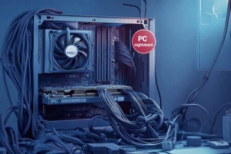 A comically disastrous PC build with tangled cables a crooked CPU cooler and incorrectly placed RAM with a red warning icon floating above it