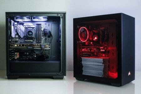 A comparison shot showing an expensive pre-built PC on one side and a custom-built PC with a stack of saved money on the other showing its cheaper to build