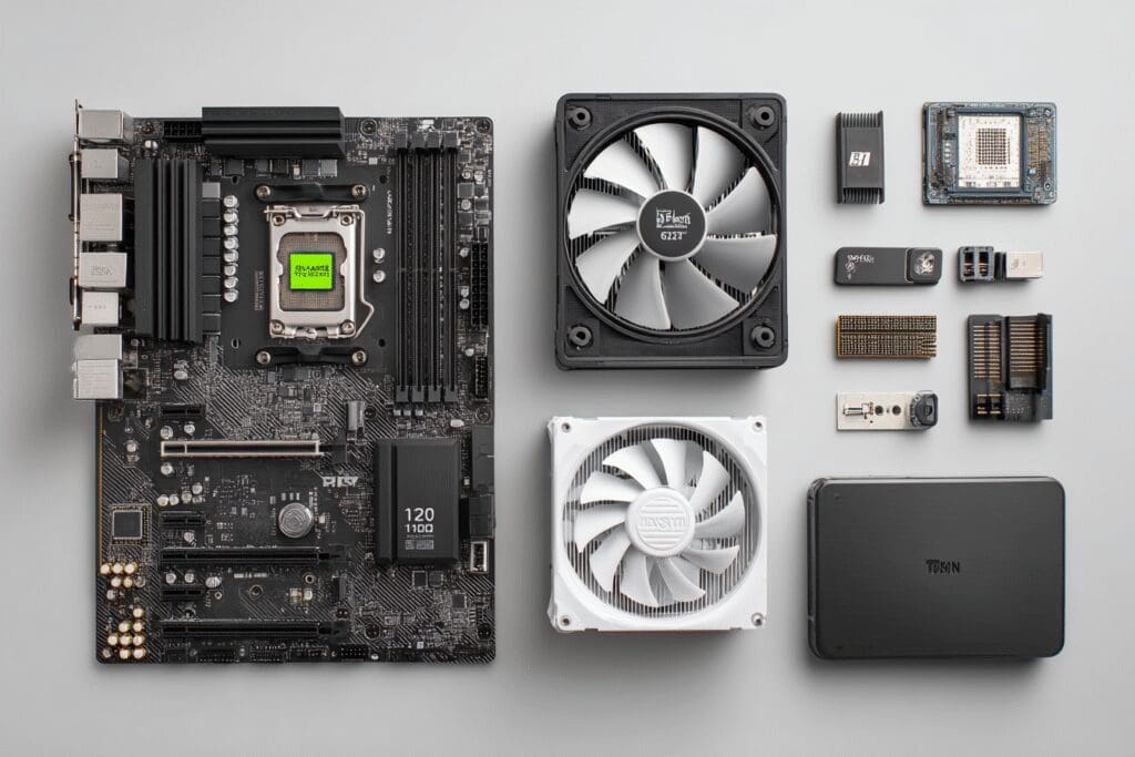 A flat lay of computer parts a visual list for what parts do I need to build a gaming PC