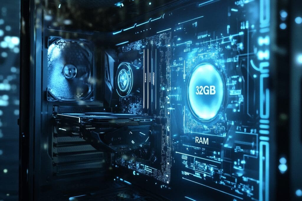 A gaming PC with 32GB RAM displayed holographically is encased in a futuristic energy shield symbolizing it is future-proof
