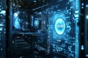 A gaming PC with 32GB RAM displayed holographically is encased in a futuristic energy shield symbolizing it is future-proof