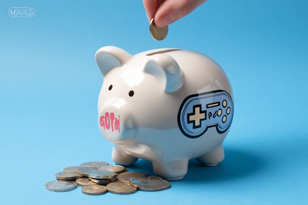 A hand putting coins into a gaming-themed piggy bank illustrating how much does it cost to build a gaming PC