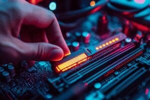 A persons hands are shown upgrading the RAM in a PC replacing an old stick with a new glowing one to represent a speed boost