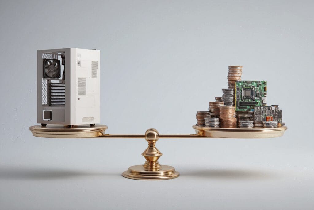 A scale showing that components and fewer coins outweigh a pre-built PC answering is it cheaper to build a gaming PC