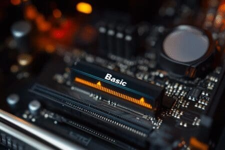 A single 8GB stick of RAM is shown next to a performance gauge pointing to the Basic level illustrating its entry-level gaming performance