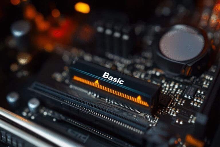A single 8GB stick of RAM is shown next to a performance gauge pointing to the Basic level illustrating its entry-level gaming performance