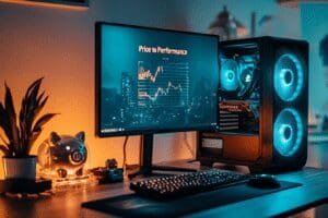 A sleek modern gaming PC sits on a desk next to a nearly full piggy bank and a monitor displaying a Price to Performance graph symbolizing a smart budget build