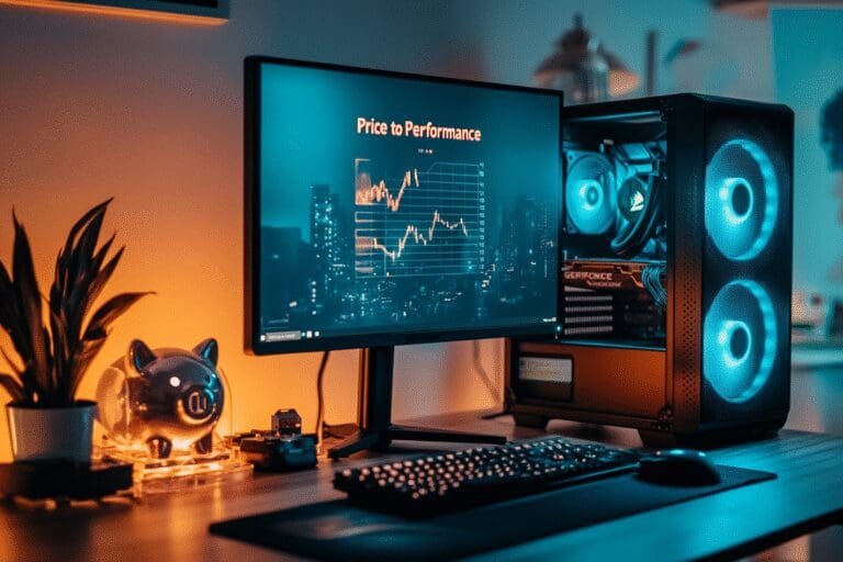 A sleek modern gaming PC sits on a desk next to a nearly full piggy bank and a monitor displaying a Price to Performance graph symbolizing a smart budget build
