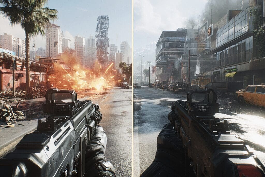 A split-screen comparison showing a blurry low-FPS video game scene on one side and a sharp high-FPS scene on the other demonstrating the effect of RAM